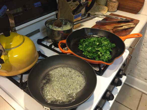Sizzling butter..! Look at those greens and mashed potatoes ready to eat! 
